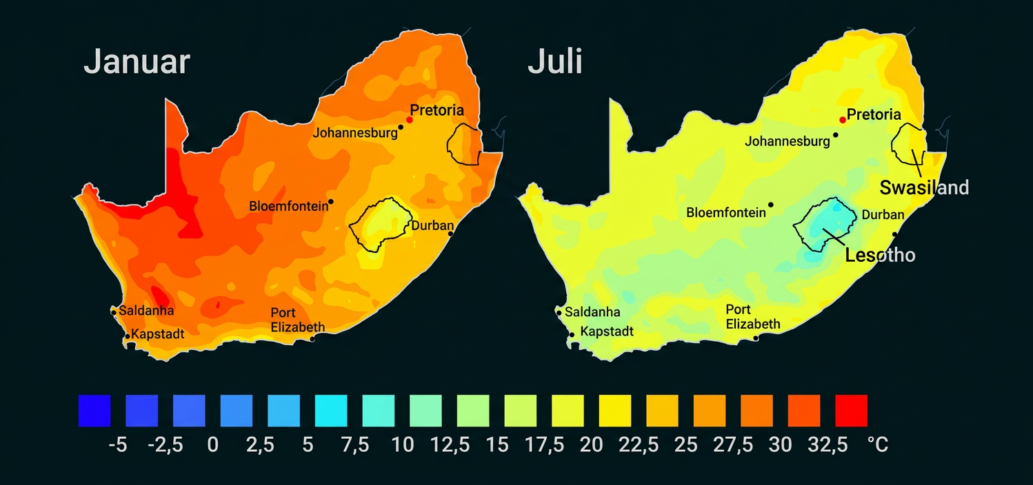 Karte der Durchschnittstemperaturen in Südafrika im Januar und Juli mit Temperaturlegende in Grad Celsius.